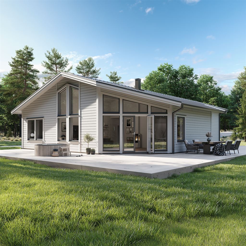 Grått Villa Vinga exteriör med fönster i antracit och spabad 